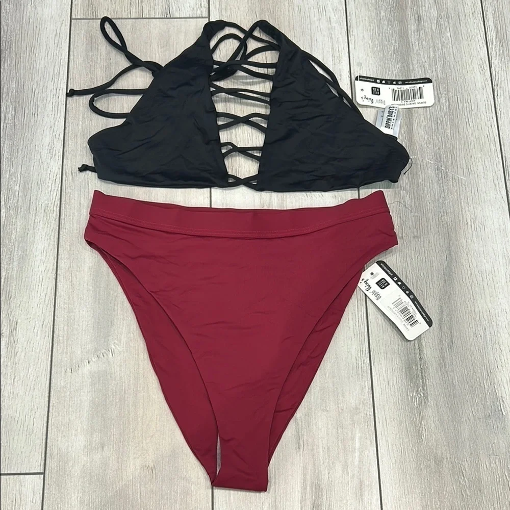 Dippin' Daisy's black and burgundy bikini swimsuit set size small